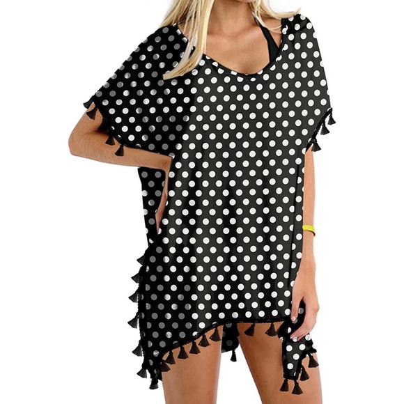 Yincra Other - Chiffon Tassel Bohemian Swim Cover Up Tunic Beach Shirt Dress Polka Dot Size 3X